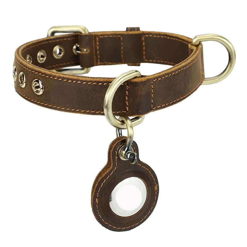 Brown genuine leather retro dog collar with double-sided cowhide construction and halter design