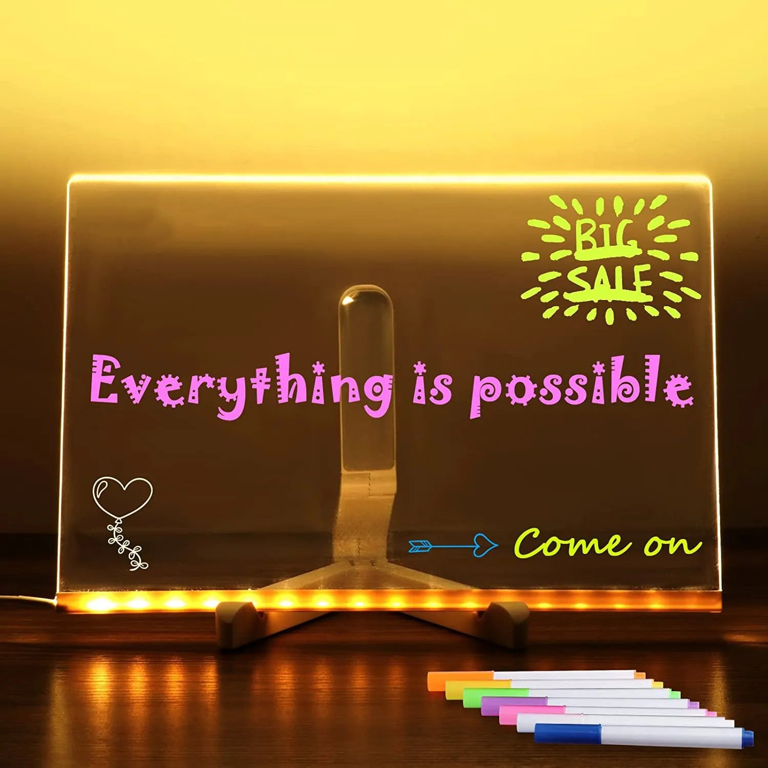 Acrylic DIY message board LED night light with pens on transparent writing panel