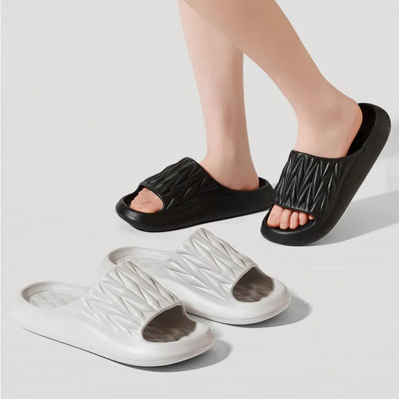 Leaf texture design EVA slippers for men and women in various colours, showing anti-slip sole.