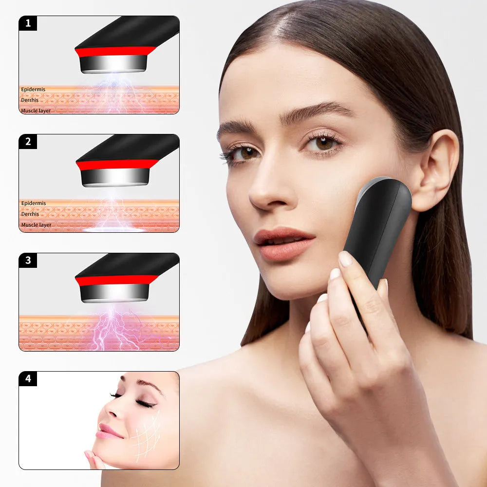 Black handheld facial massager with 7 colour light therapy and vibration functions