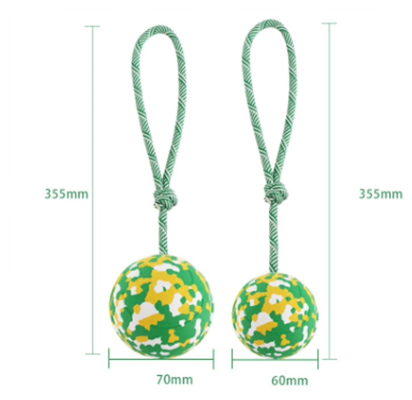 Natural rubber dog ball on nylon rope toy for medium and small dogs in two size options