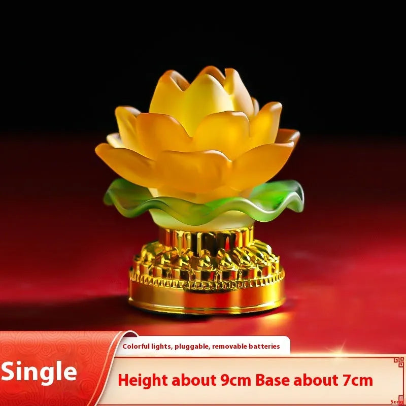 Chinese style yellow lotus table lamp with single cup design on a wooden surface.