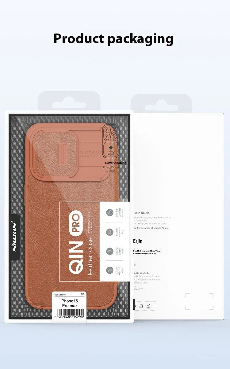 Imitation leather flip phone case for iPhone 15 in Black, Brown, and Red colours