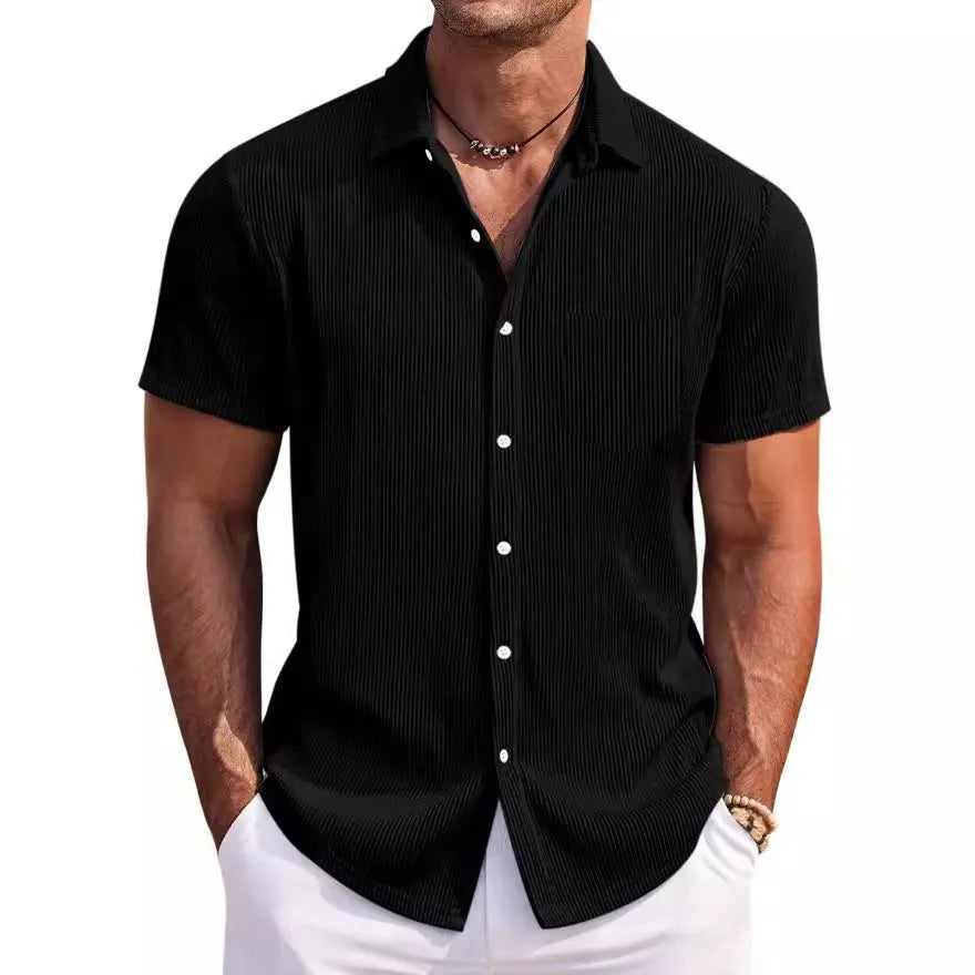 Men's solid colour loose fit short-sleeved polyester shirt on a hanger, showing the young casual style.