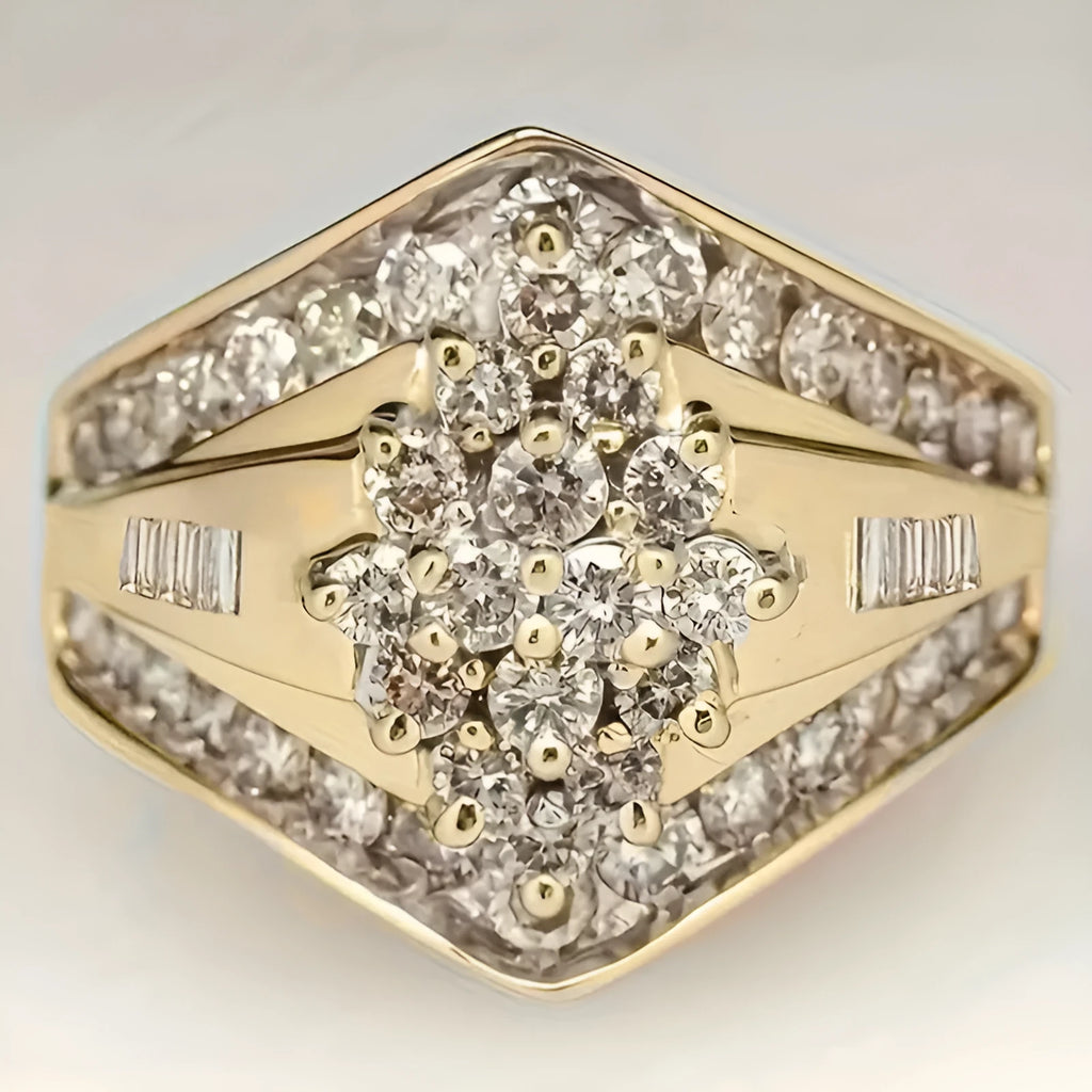 Gold-coloured copper electroplated ring with heavy industry and palace style geometric band design