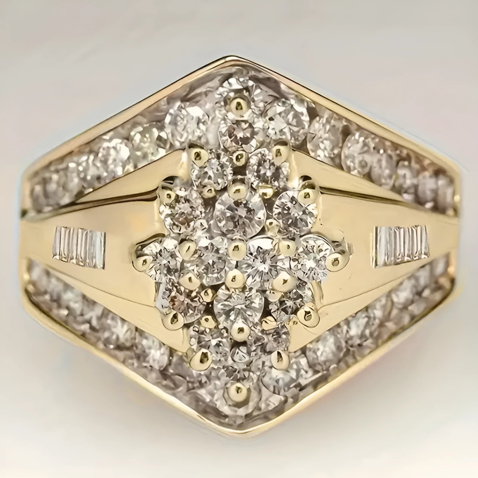 Gold-coloured copper electroplated ring with heavy industry and palace style geometric band design
