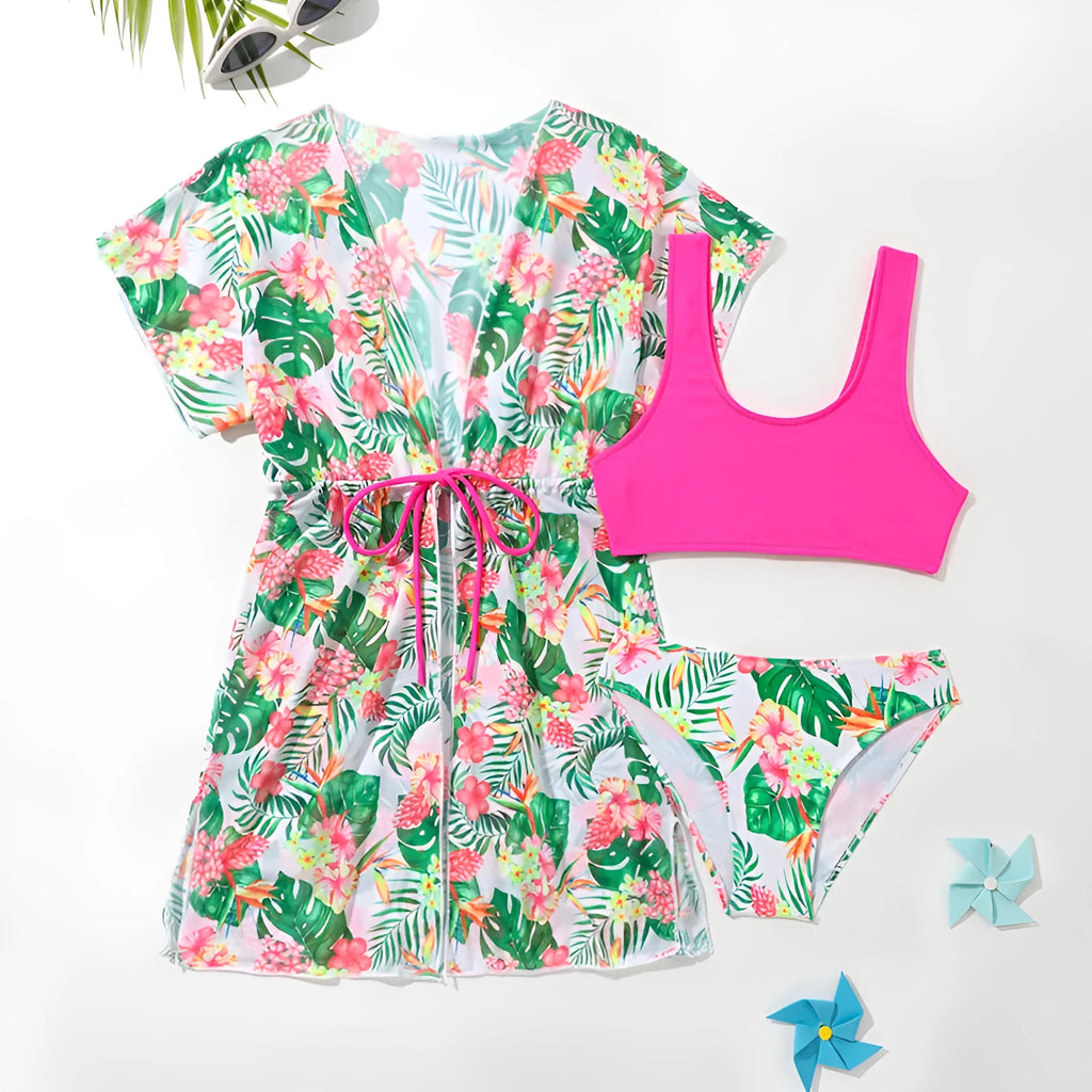 Girls' floral pattern two-piece swimsuit with overclothes in Korean style