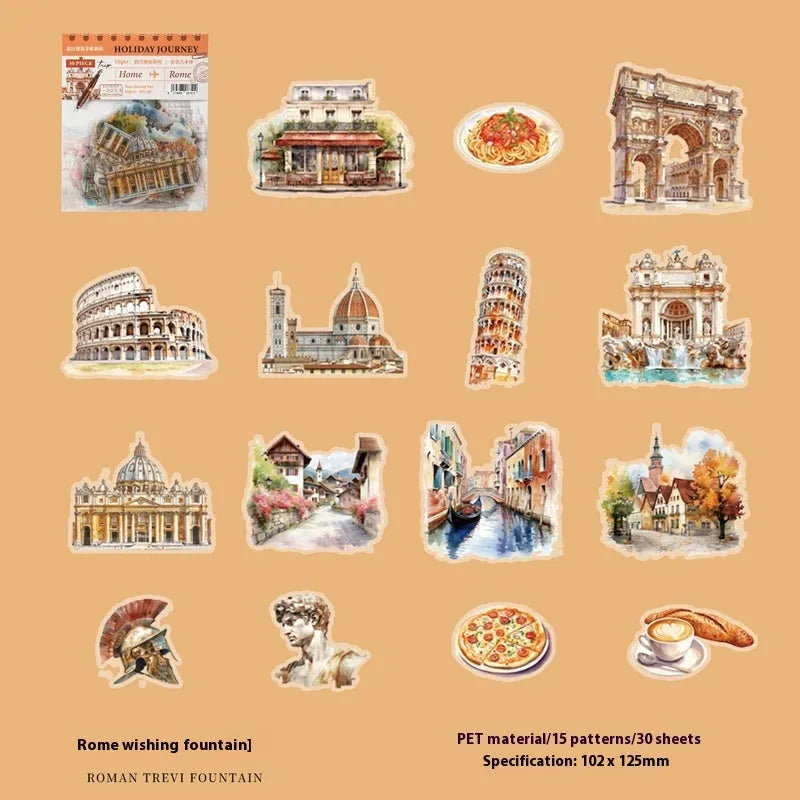 Holiday Journey series architecture journal stickers showing six landmark designs