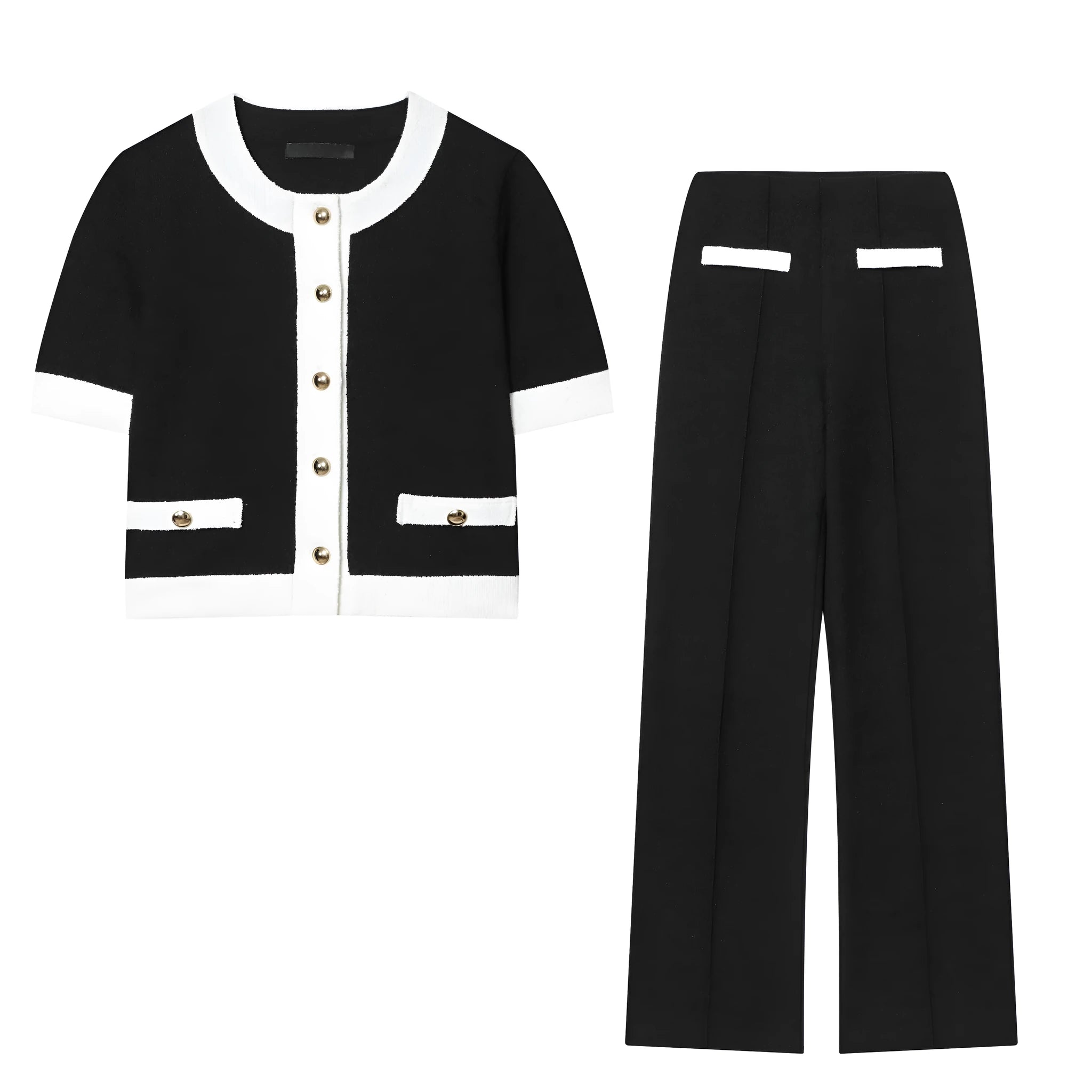 Women's contrast colour beaded leather top and high-waisted trouser two-piece suit
