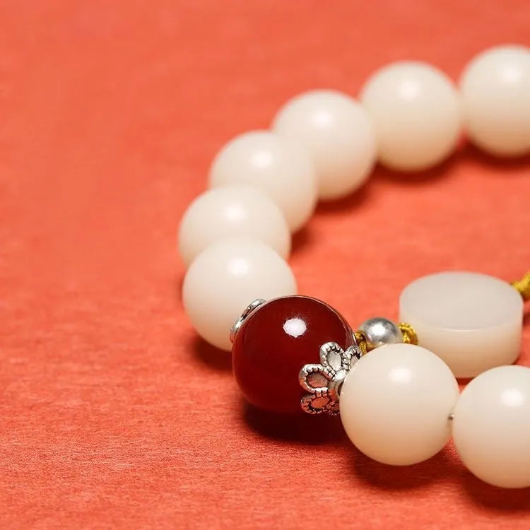 Handmade national style unisex Bodhi bracelet with 10mm round beads and Ruyi element.