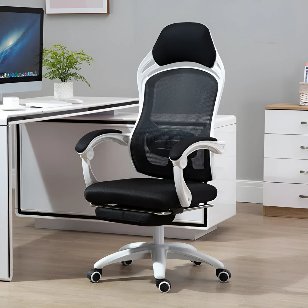 Black and white rotating office gaming chair with reclining backrest and linkage armrests