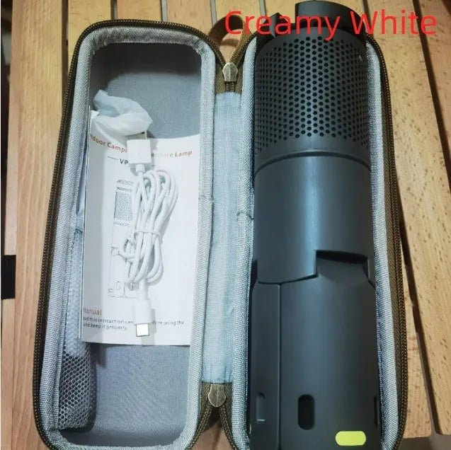 Portable LED camping lantern in creamy white or dark grey with battery power and button switch