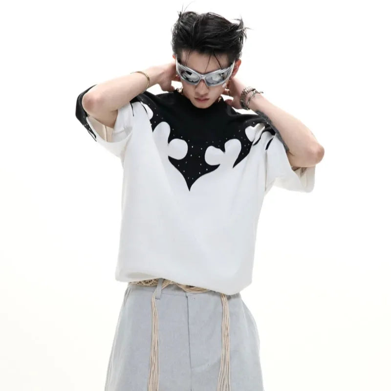 Men's grey cotton short sleeve shirt with burnt flower stitching and rhinestone details on the chest.