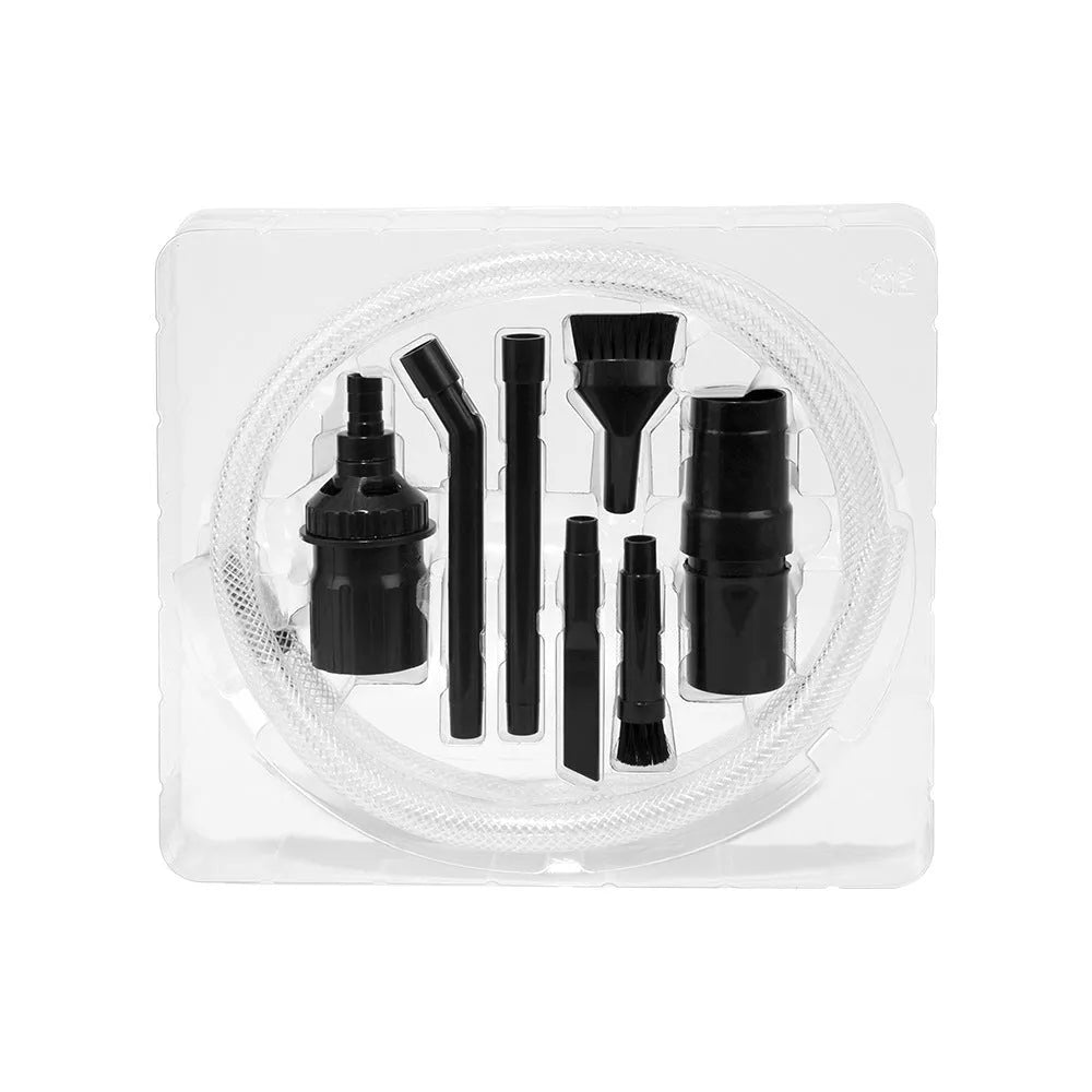 Eight-piece vacuum cleaner accessory set with small suction heads for areas under 10 square metres