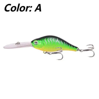10.5cm long tongue board Mino fishing lure in colour option A, shown alongside other colour variants B through E.