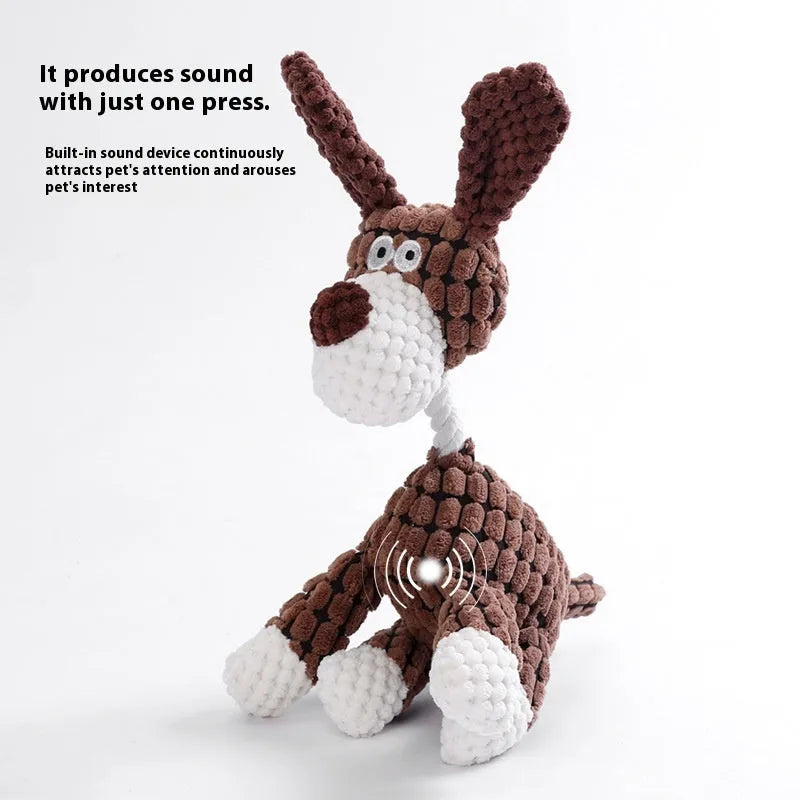 Bite-resistant plush puppy toy showing donkey, rechargeable duck, elephant, and dog styles.