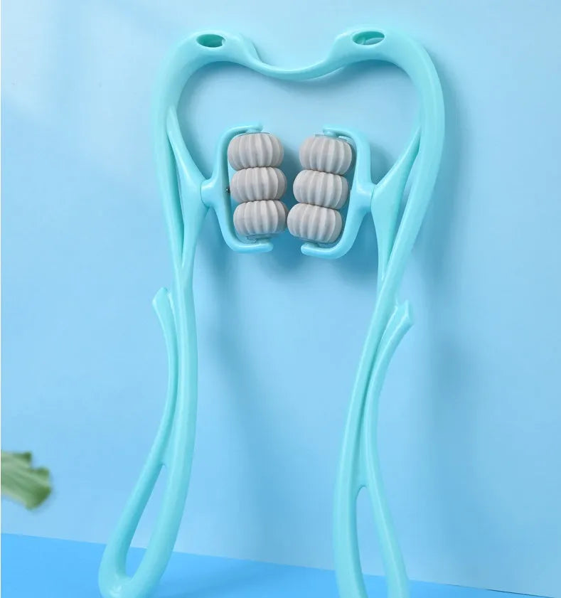 Blue swan-shaped six-wheel manual neck massager with rotating rollers and a separate natural jade scraping board on a white background.