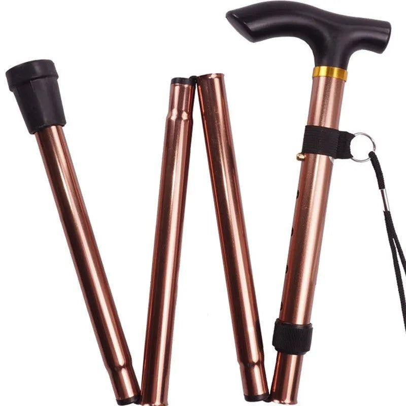 Aluminium folding walking stick extended to show adjustable height with rubber handle