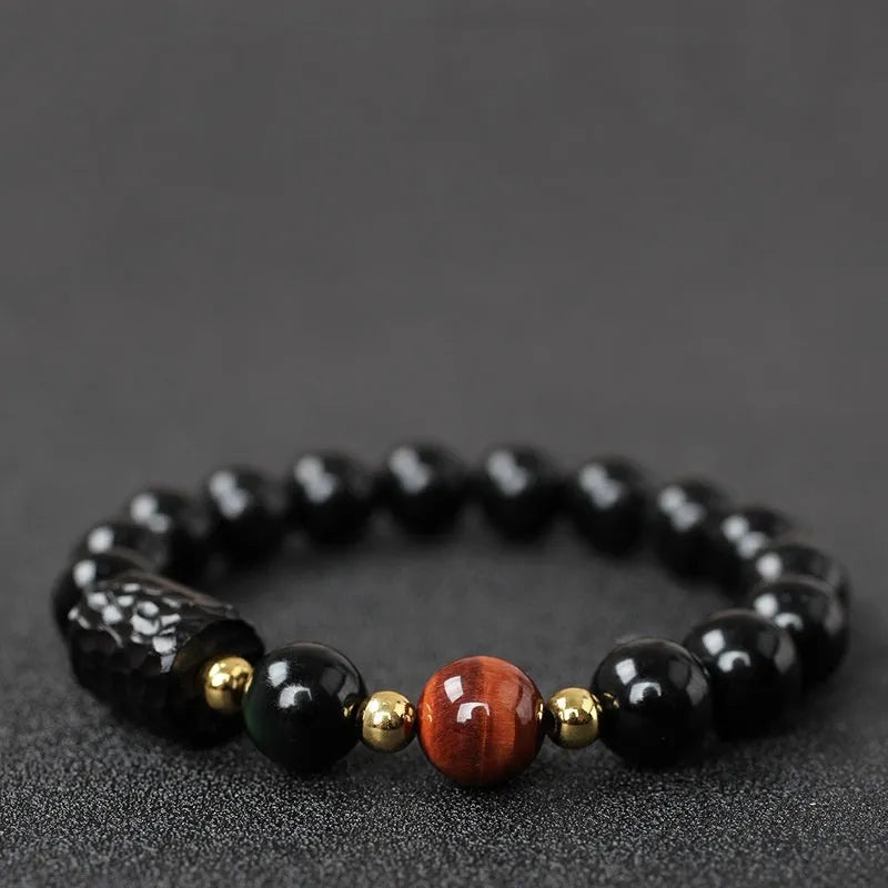Obsidian bracelet with tiger eye beads in manual craftsmanship 10mm retro circle design