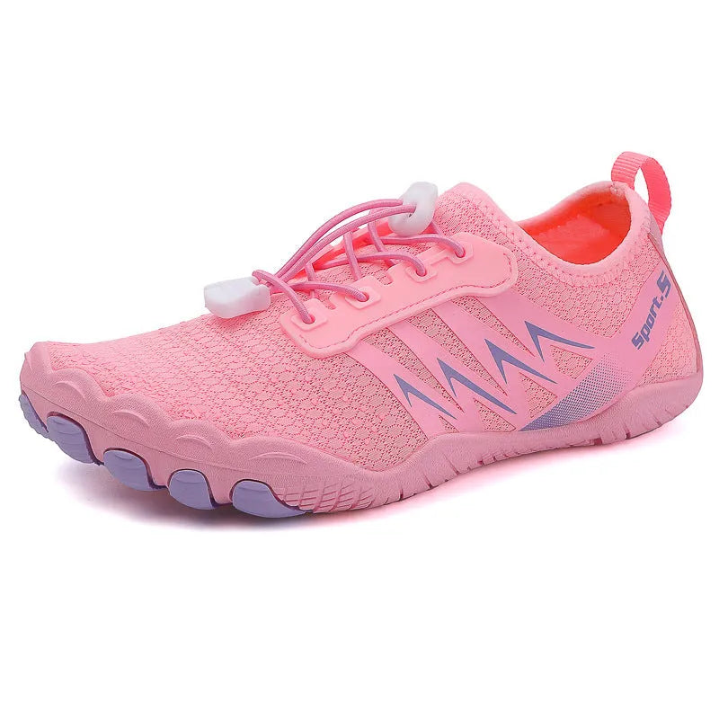 A pair of low-top river tracing shoes in a casual style with a mesh upper and rubber sole.
