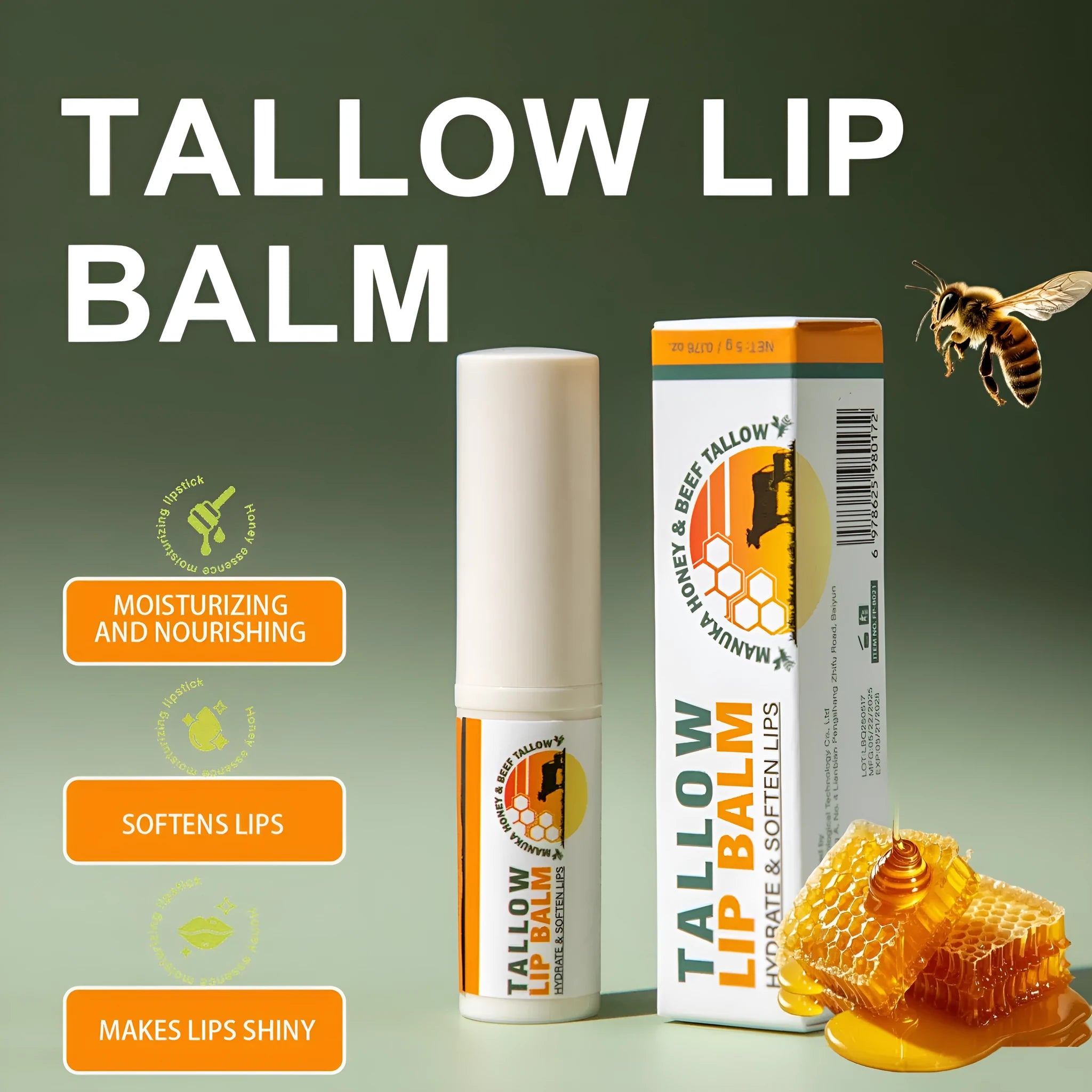 Beef tallow lip balm stick in a silver case, 83mm long, showing the twist-up mechanism.