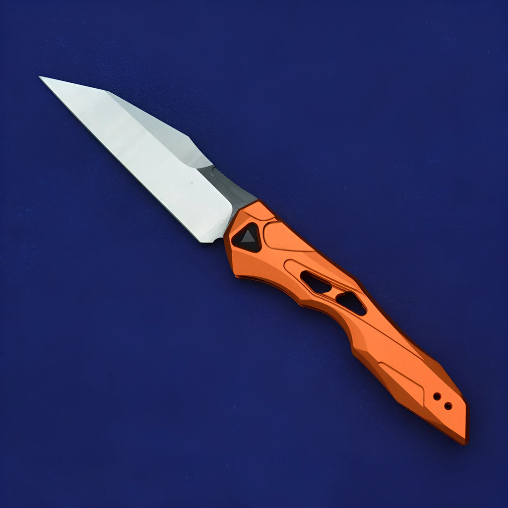 Black folding fruit knife with D2 steel blade and aluminium handle for camping