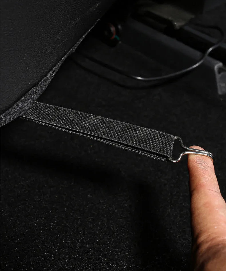 Black leather rear anti kick pad for car seats with a single pocket, shown alongside a tape measure indicating 68cm by 42cm dimensions.