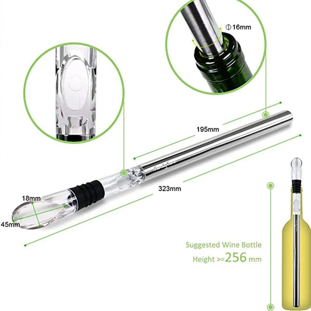 Stainless steel wine chilling rod with acrylic pourer, shown next to a wine bottle.