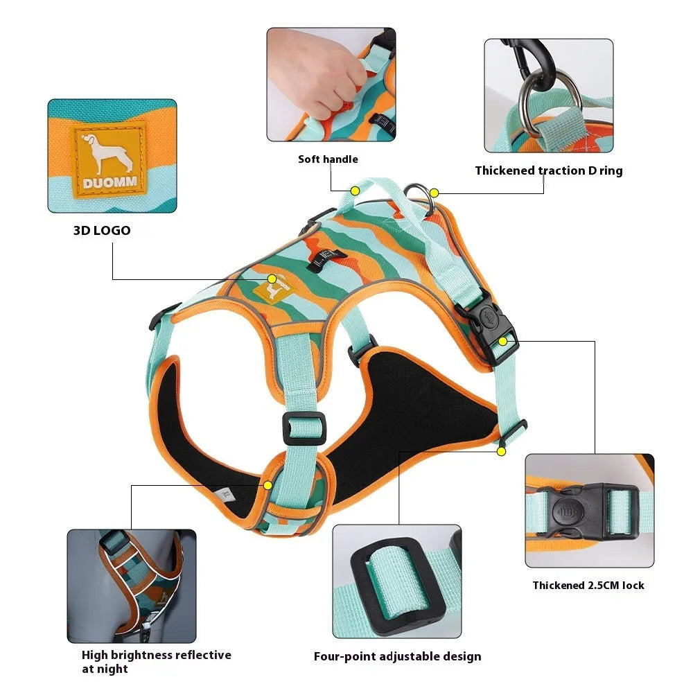Reflective dog harness with chest and back design in Oxford cloth material for urban commuting safety
