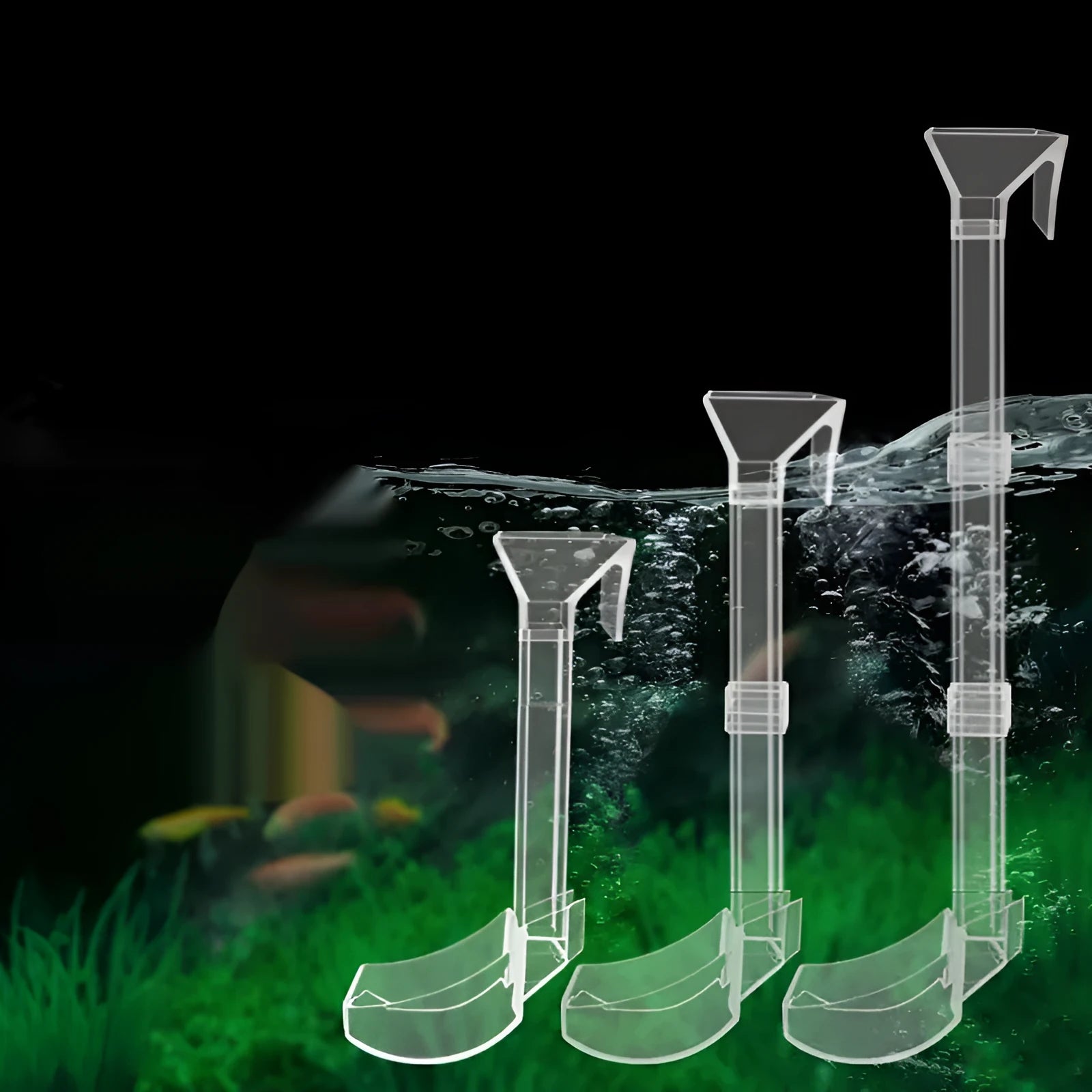 Plastic aquarium fish feeding dish set with tube, cleaning brush and spoon in 17cm, 28cm, 38cm sizes.