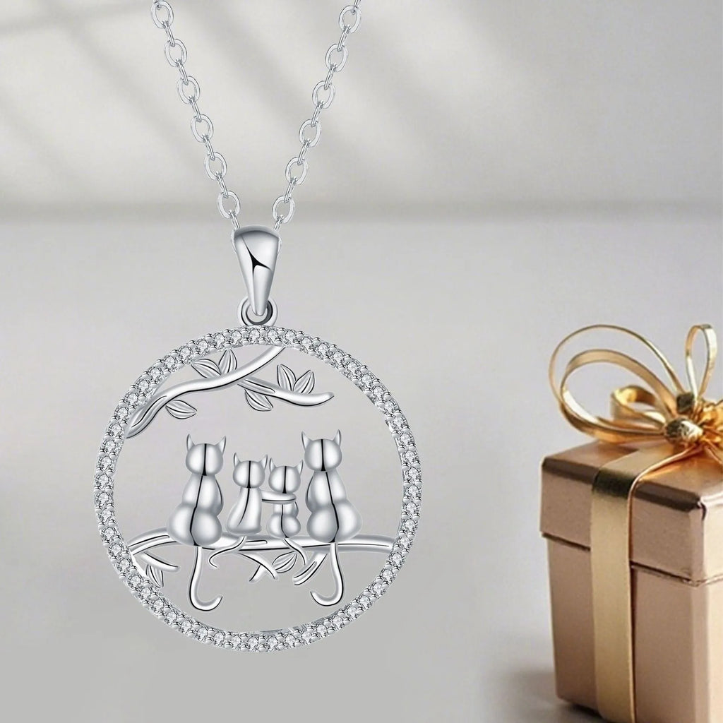 Women's copper necklace with four kitten pendant on cross chain, electroplated finish
