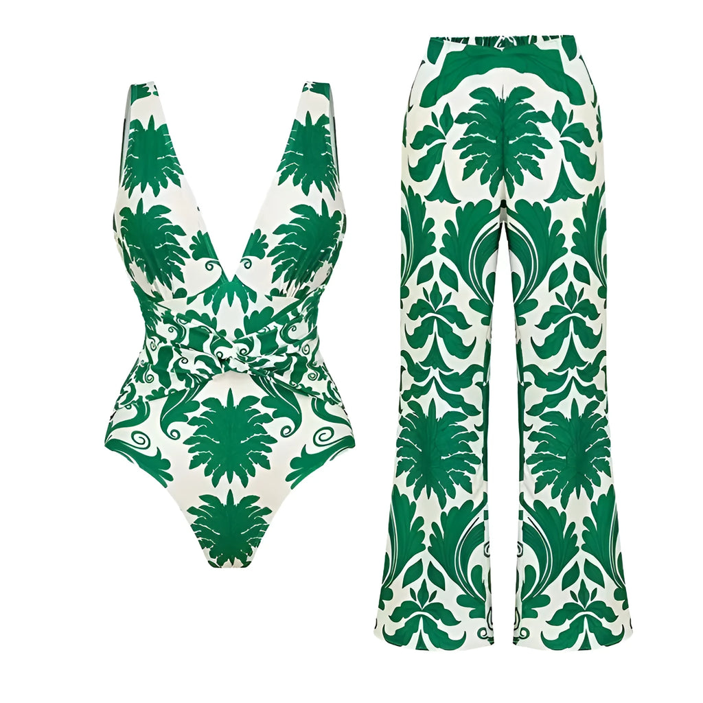 Green one-piece swimsuit with multiple wearing methods, polyester fabric, sleeveless design