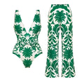 Green one-piece swimsuit with multiple wearing methods, polyester fabric, sleeveless design