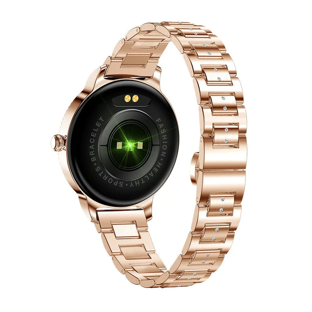 AK38 ladies smart watch with metallic stainless steel strap and 1.09-inch colour screen.