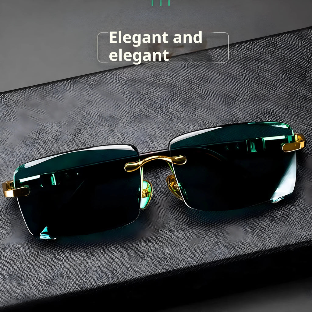 Dark green crystal frameless sunglasses with glasses case and lens cloth
