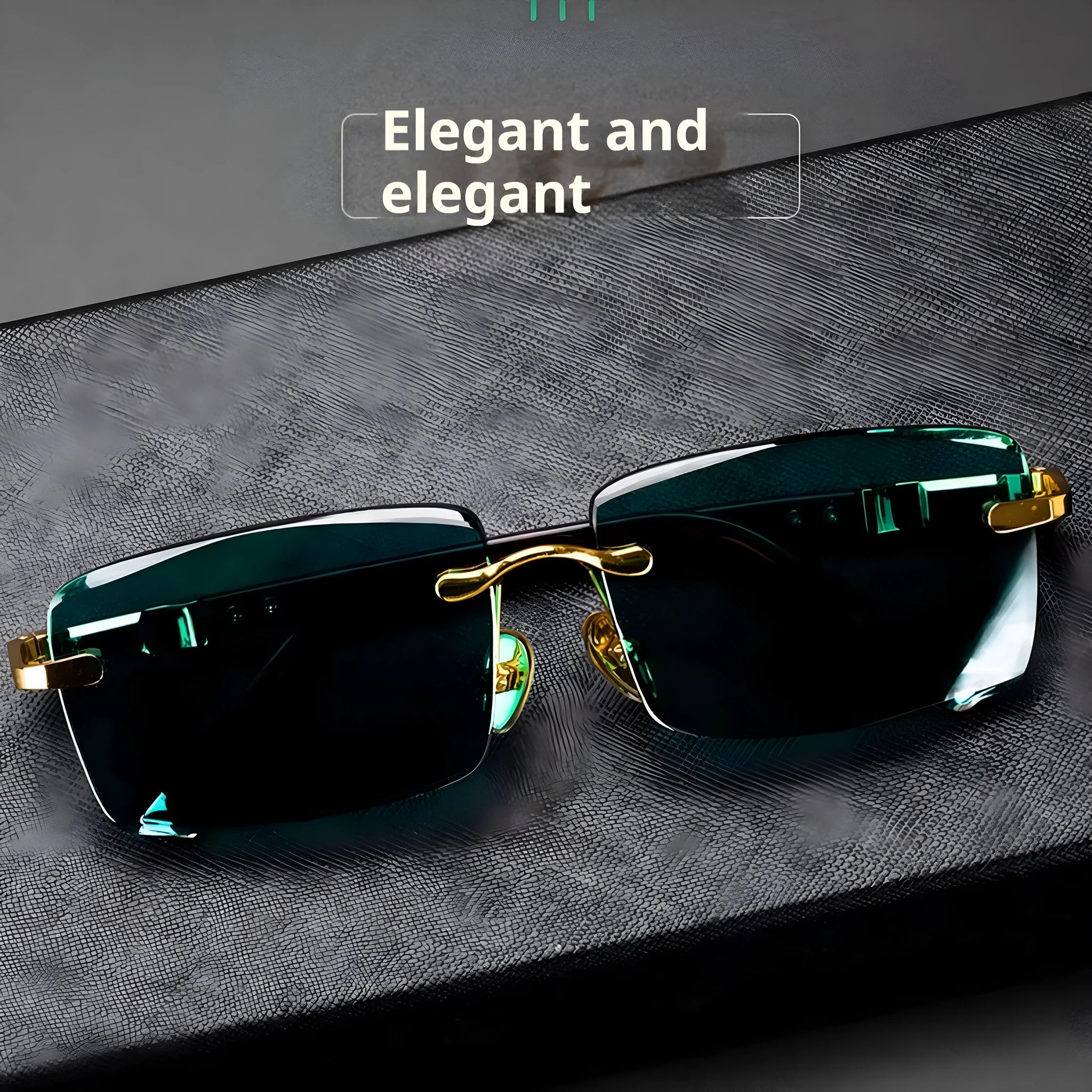 Dark green crystal frameless sunglasses with glasses case and lens cloth