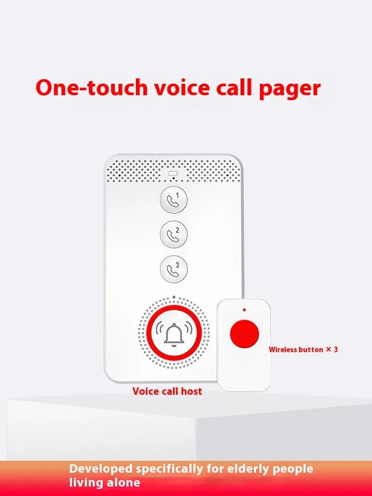 White voice emergency alert buzzer unit with three wireless call buttons for elderly home safety.