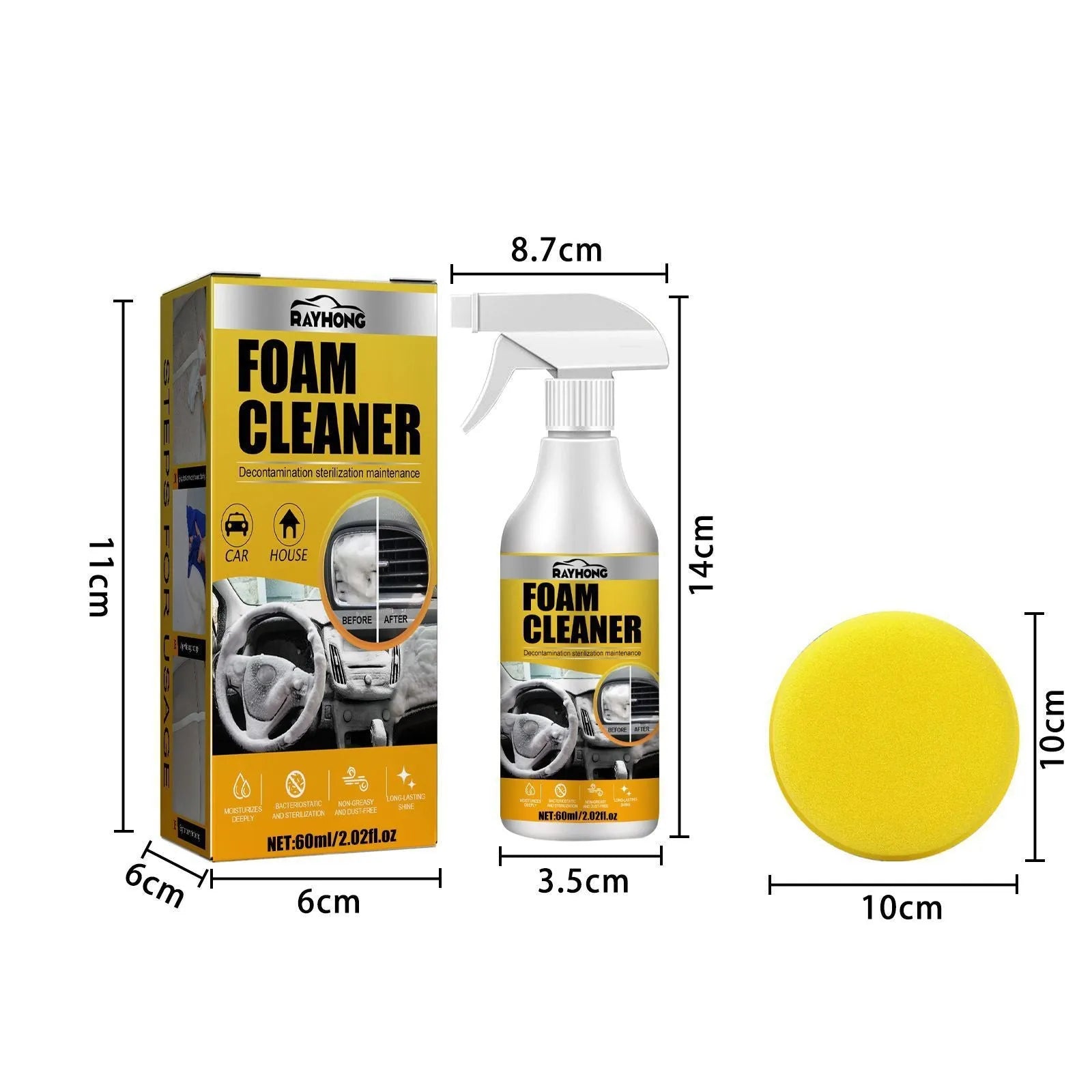 Car interior foamed cleaner kit with 60ml bottle and 10cm sponge for wash-free cleaning