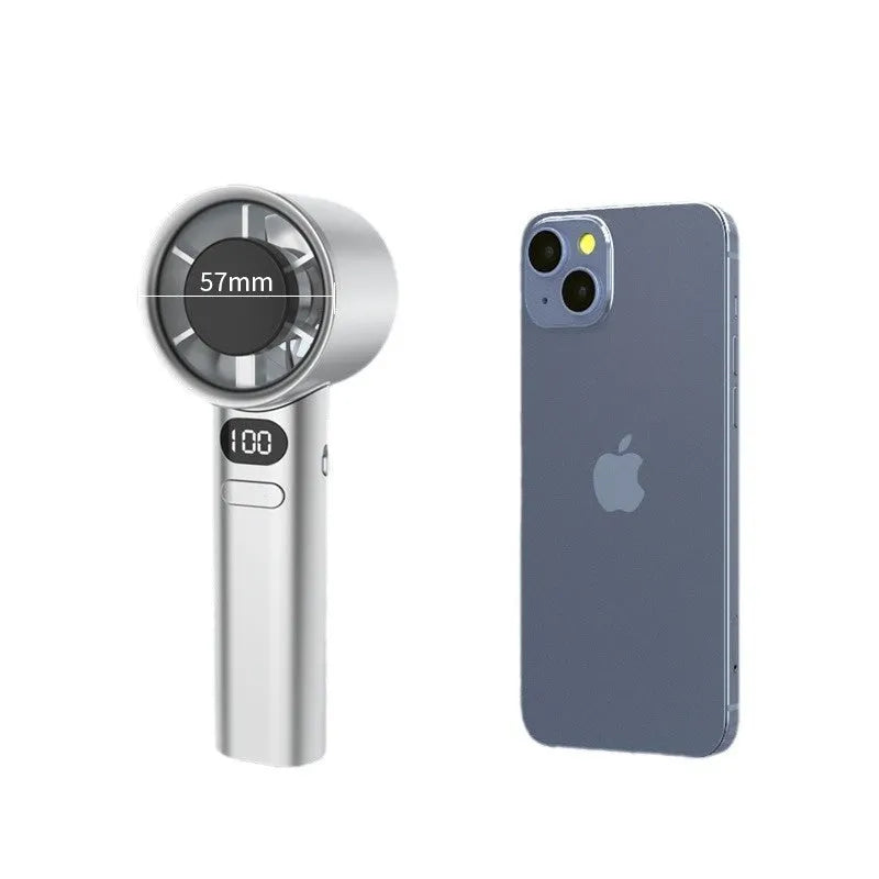 A handheld USB fan showing one of four colour options: white, silver, khaki, or green.