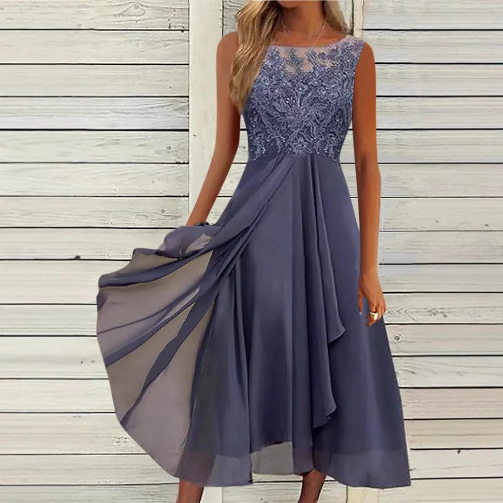 Women's sleeveless midi chiffon dress with hollow-out lace detail in blue, green, or purple.