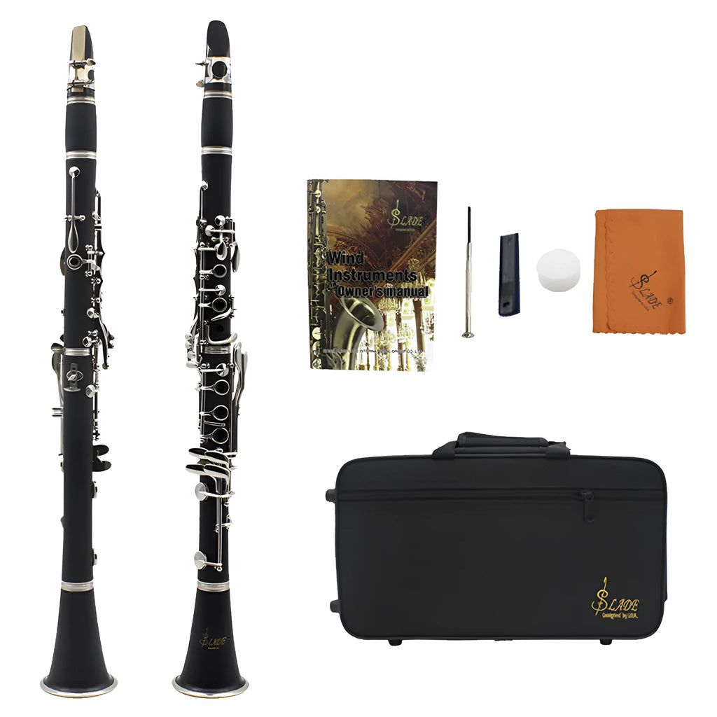 Black bakelite beginner clarinet with nickel-plated keys and included carrying case