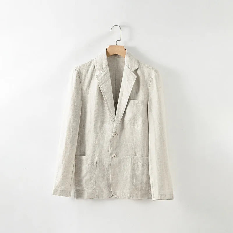 Men's solid colour linen suit coat with stick pocket in light blue