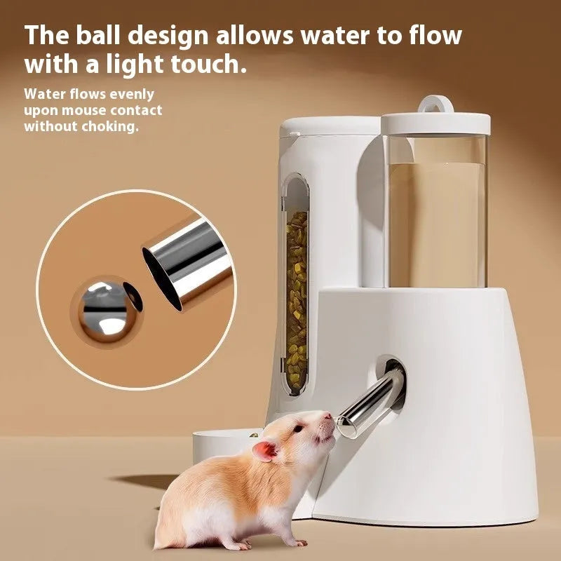 Blue automatic hamster drinking bottle feeder with food basin attached to cage bars.