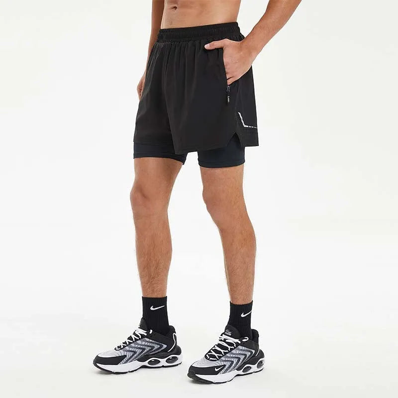 Men's double-layer sports shorts in black, dark grey, or light blue with quick-drying lining and high elastic waist