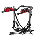 Black and red iron trunk mounted bike rack with protective sponge padding, shown with fastening straps.