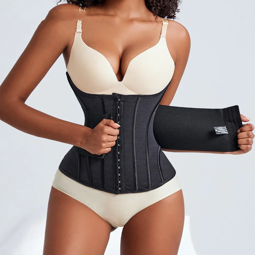 Black nylon belly band waist trainer for tummy slimming and fitness support.