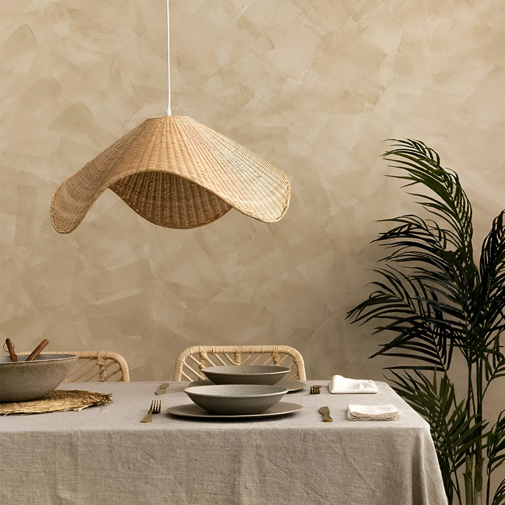 Handmade rattan bamboo chandelier with natural fibre shade and warm LED light