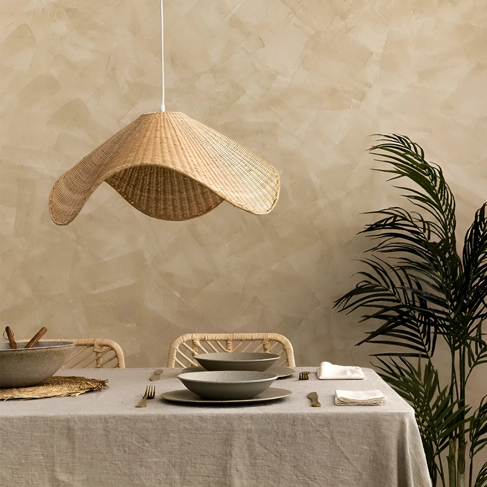 Handmade rattan bamboo chandelier with natural fibre shade and warm LED light