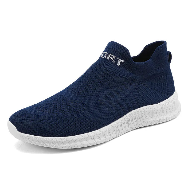 Men's Flyknit casual running shoes in black, blue, grey, or yellow for hiking and leisure.