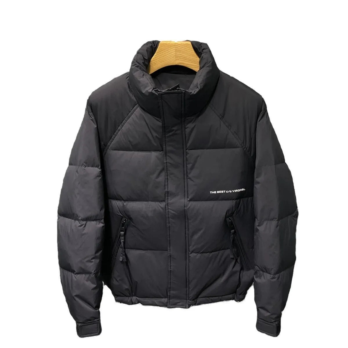 Men's stand collar thick down jacket in solid black colour on a plain background